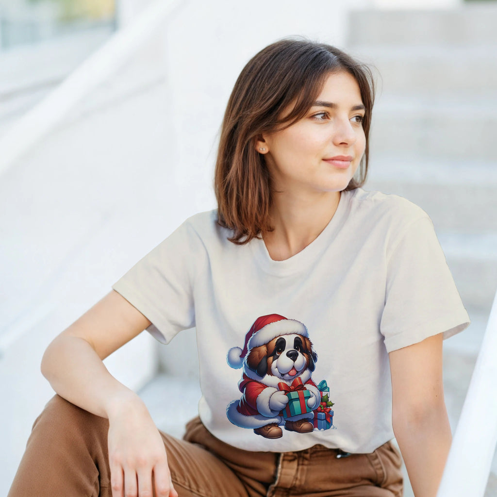 Woman wearing a white t-shirt with a Christmas-themed dog design.
